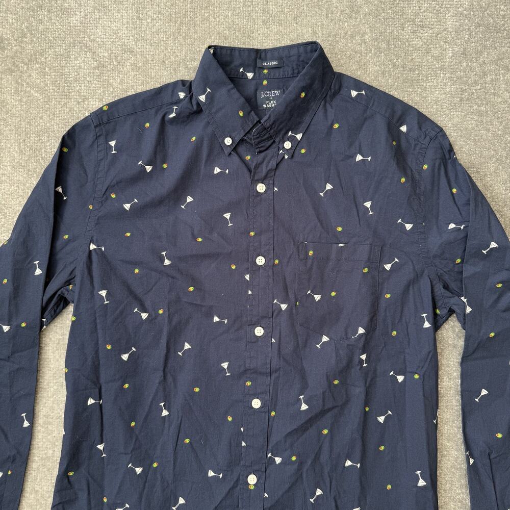 J Crew Shirt Mens Medium Blue Martini Glass Olive Print Long Sleeve Classic Fit - Picture 2 of 7